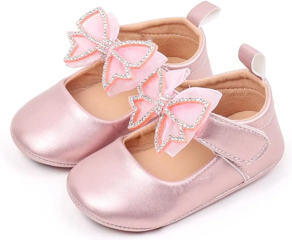 Baby Girls Mary Jane Flats Matte Leather Non Slip Soft Sole Bowknot Princess Wedding Dress Shoes Toddler First Walkers Infant Newborn Baptism Crib Shoes