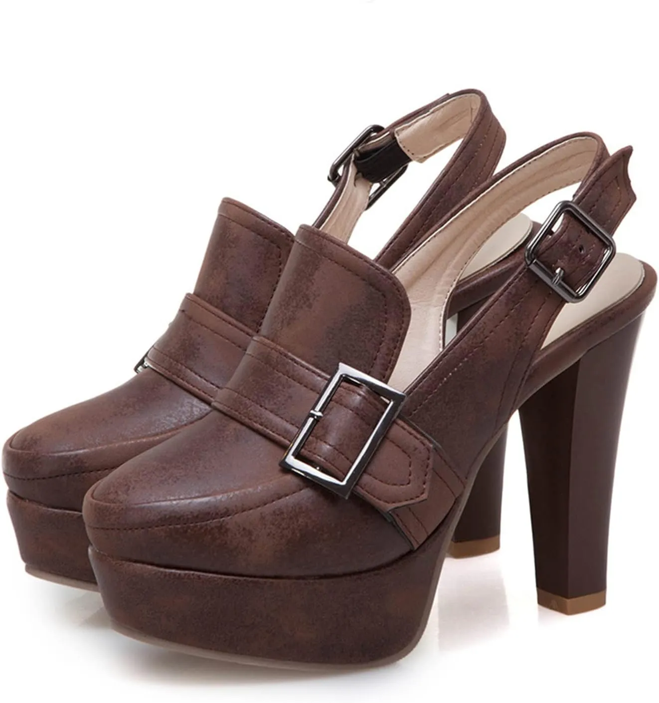 bbruriy Women's Belt Buckle Slingback High Heels Platform Chunky High Ankle Strap Dance Dress Closed Round Toe Pumps Shoes 11Cm/4.3Inch Heel
