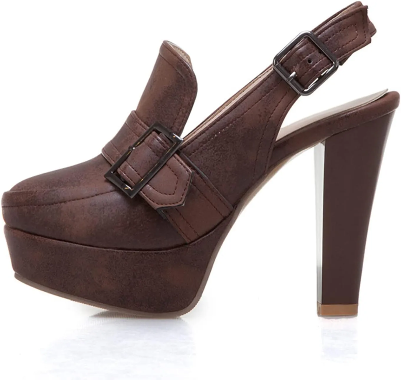 bbruriy Women's Belt Buckle Slingback High Heels Platform Chunky High Ankle Strap Dance Dress Closed Round Toe Pumps Shoes 11Cm/4.3Inch Heel