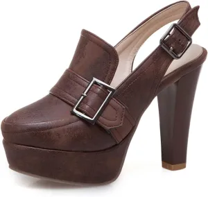 bbruriy Women's Belt Buckle Slingback High Heels Platform Chunky High Ankle Strap Dance Dress Closed Round Toe Pumps Shoes 11Cm/4.3Inch Heel