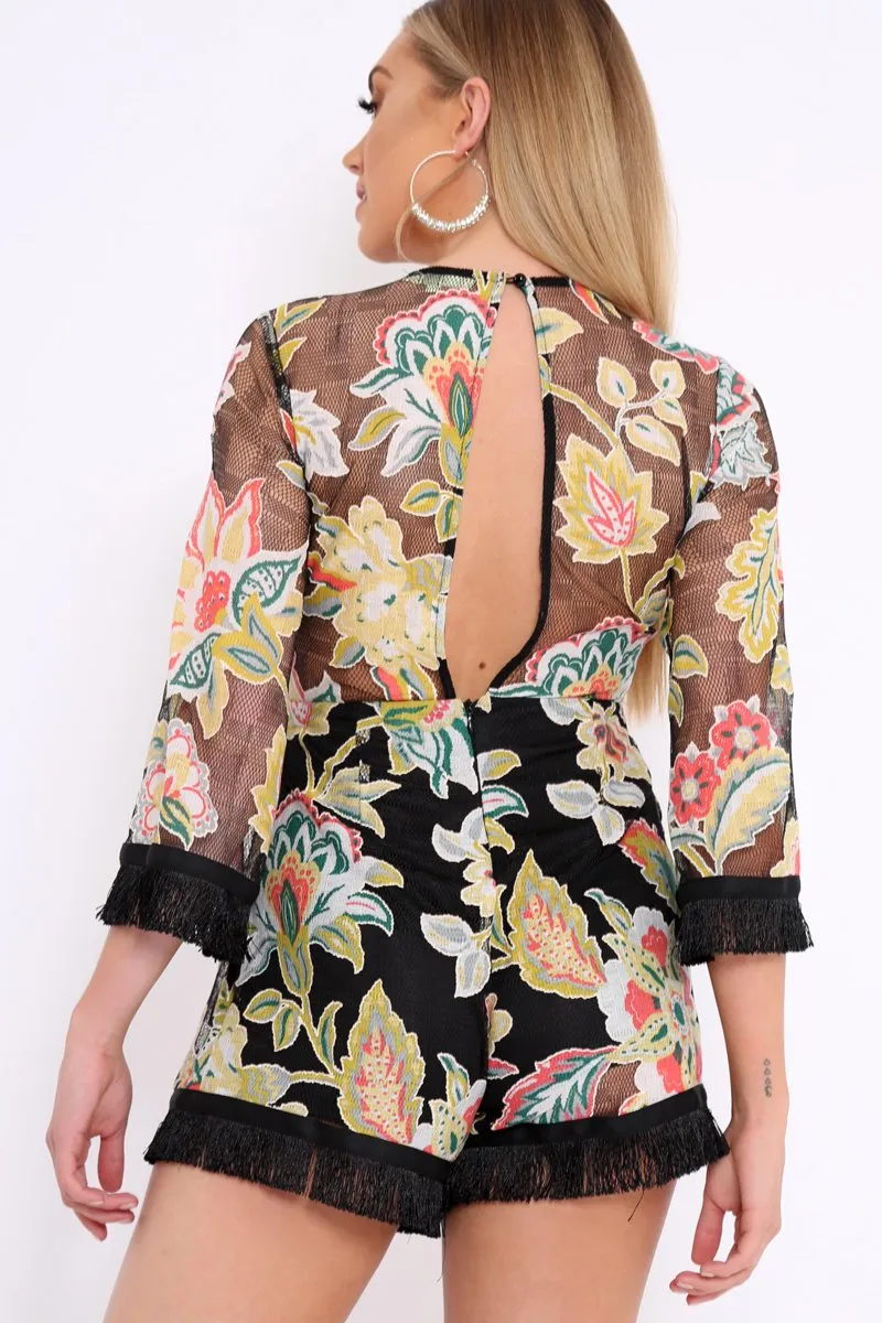 Black Mesh Floral Print Fringe Playsuit - Berna
