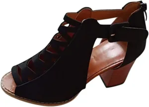 Cathalem Sandals For Women Casual Summer Fashion Breathable Hollow Out Chunky Heel Sandals With Buckle Strap