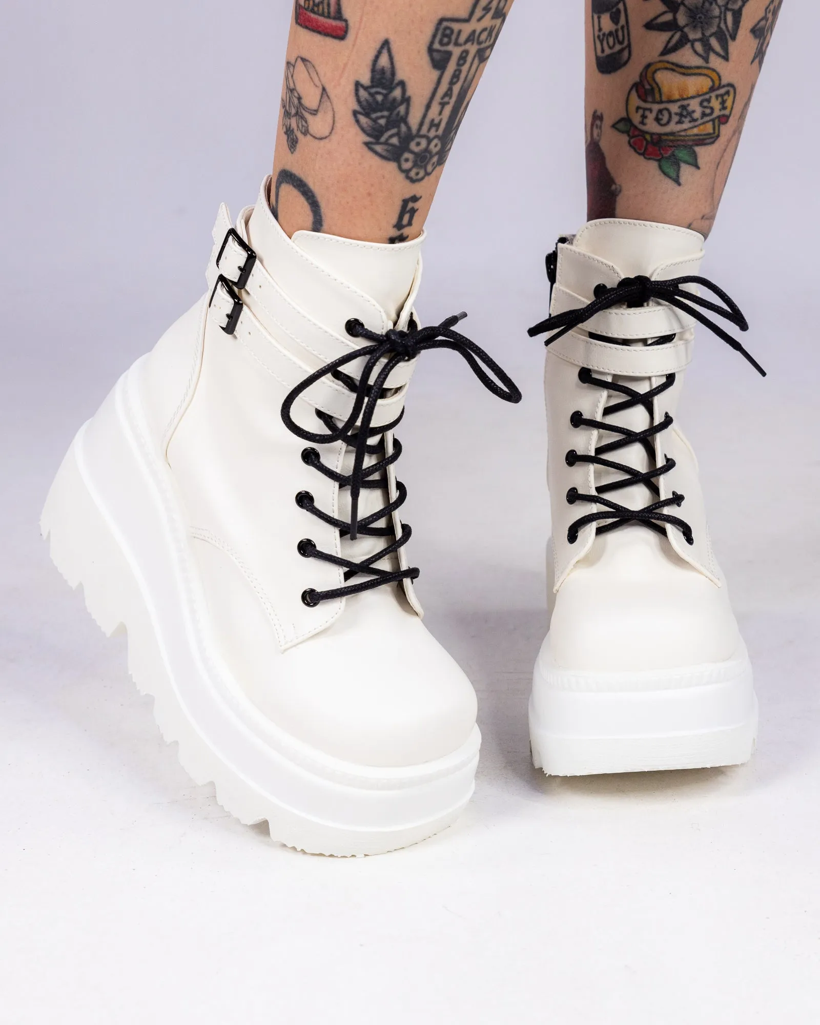 Demonia White Stacked Women's Wedge Platform Ankle Boots