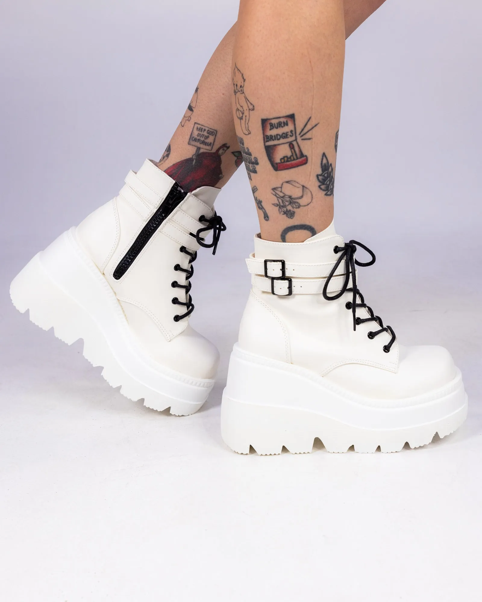 Demonia White Stacked Women's Wedge Platform Ankle Boots