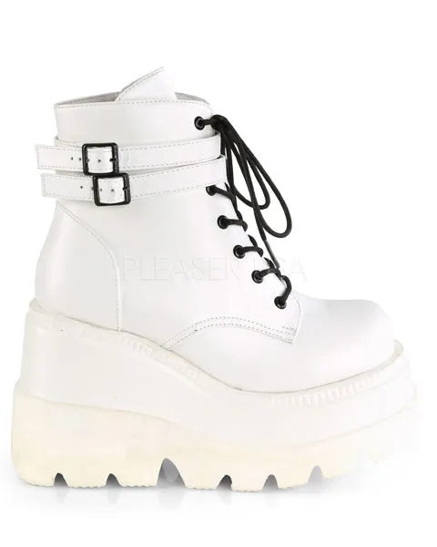 Demonia White Stacked Women's Wedge Platform Ankle Boots