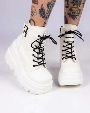 Demonia White Stacked Women's Wedge Platform Ankle Boots