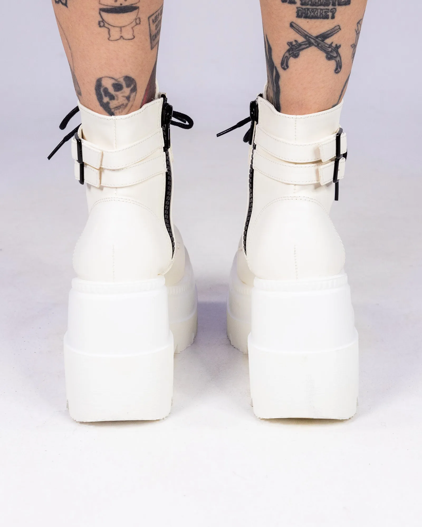 Demonia White Stacked Women's Wedge Platform Ankle Boots