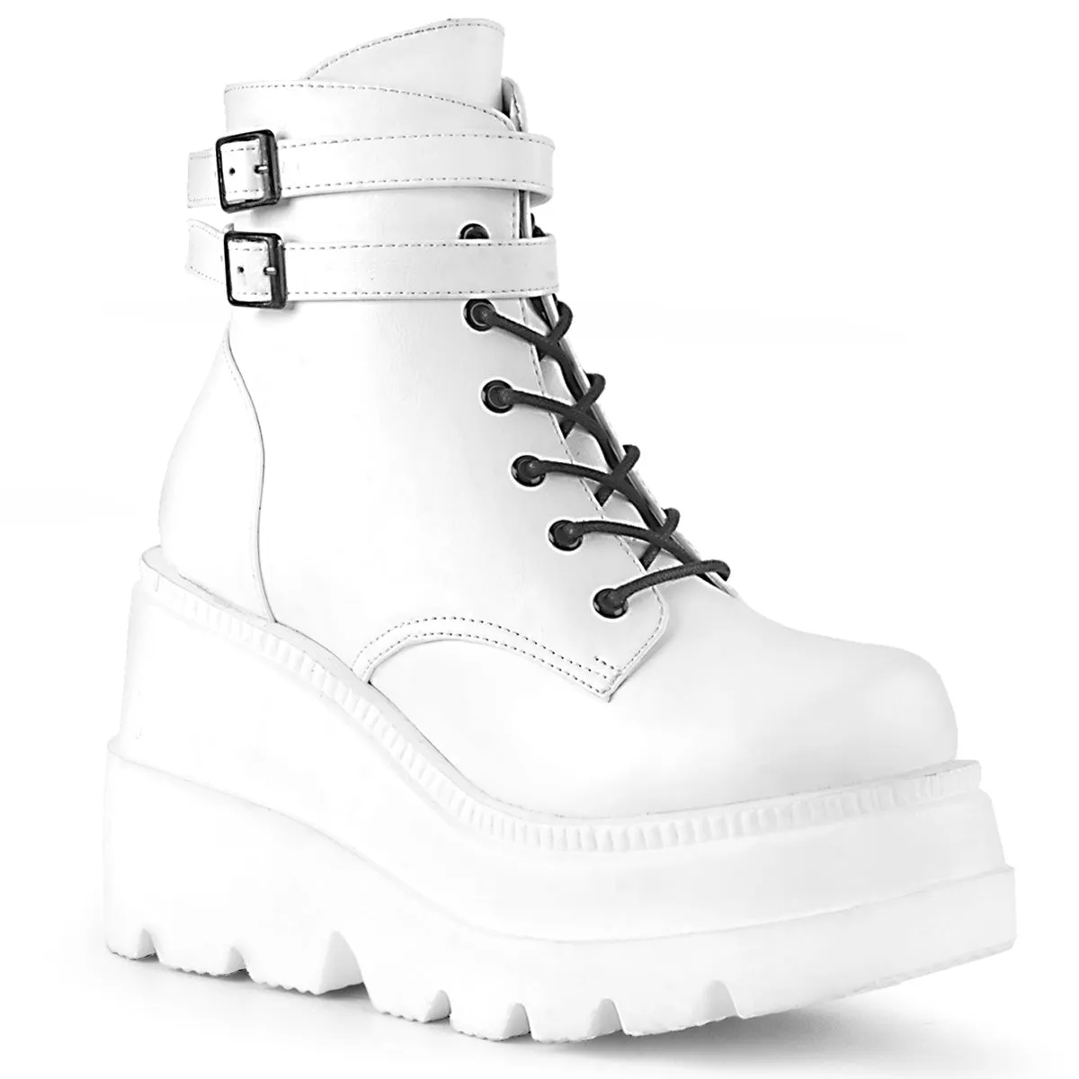 Demonia White Stacked Women's Wedge Platform Ankle Boots