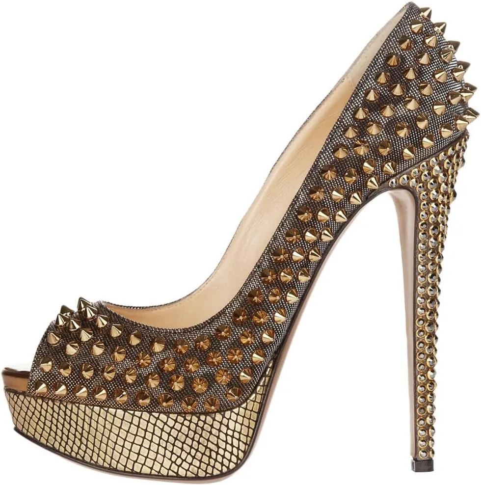 FSJ Women Classic Rivets Platform Heel Peep Toe Pumps High Stiletto Heel Slip On Studded Sexy Wedding Party Dance Shoes Size 4-16 US