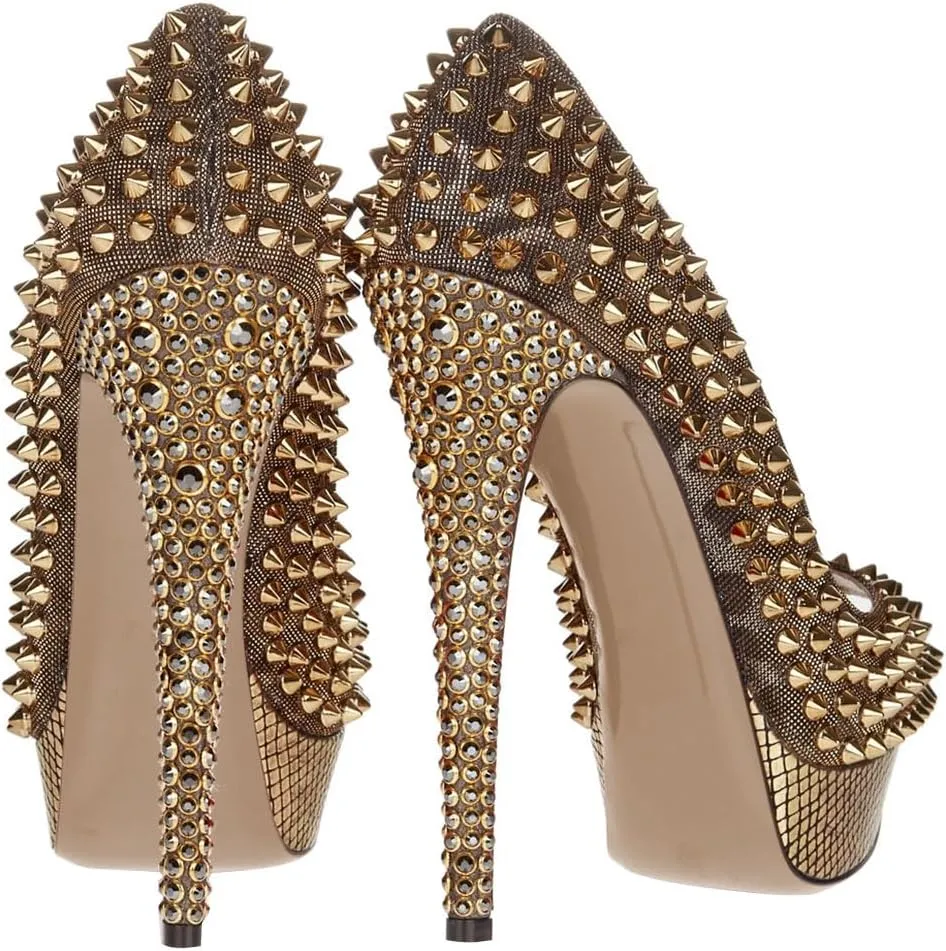 FSJ Women Classic Rivets Platform Heel Peep Toe Pumps High Stiletto Heel Slip On Studded Sexy Wedding Party Dance Shoes Size 4-16 US