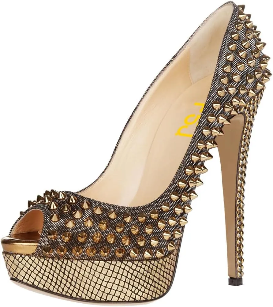 FSJ Women Classic Rivets Platform Heel Peep Toe Pumps High Stiletto Heel Slip On Studded Sexy Wedding Party Dance Shoes Size 4-16 US