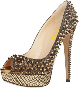 FSJ Women Classic Rivets Platform Heel Peep Toe Pumps High Stiletto Heel Slip On Studded Sexy Wedding Party Dance Shoes Size 4-16 US