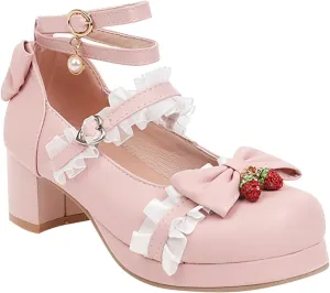 Girls High Heels Lolita Shoes Leather Closed Toe Kids Buckle Sandals Tulle Ruffle Ankle Straps Wedding Prom
