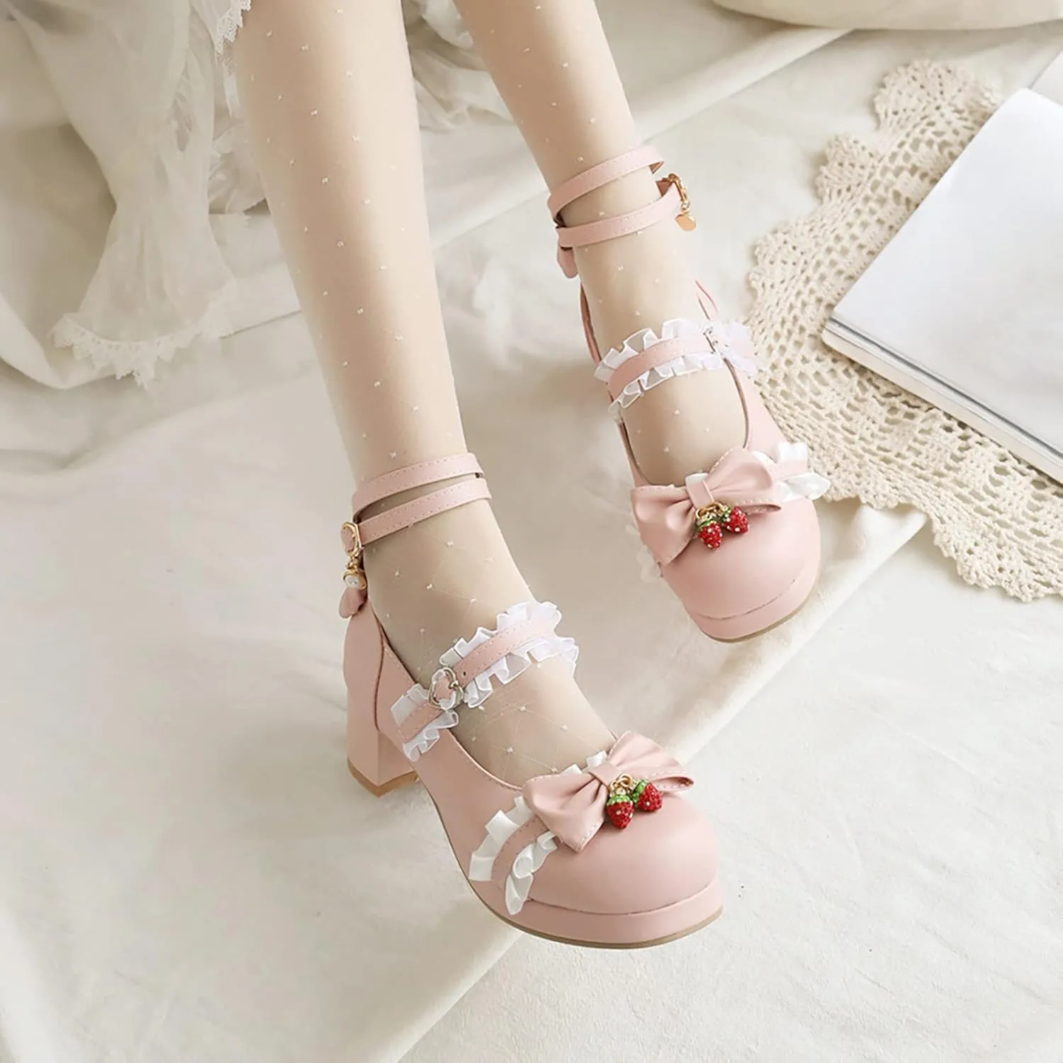 Girls High Heels Lolita Shoes Leather Closed Toe Kids Buckle Sandals Tulle Ruffle Ankle Straps Wedding Prom