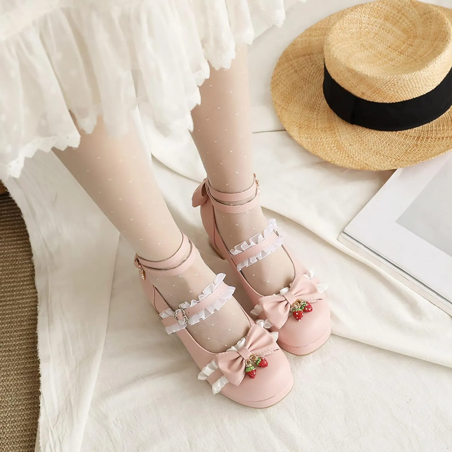 Girls High Heels Lolita Shoes Leather Closed Toe Kids Buckle Sandals Tulle Ruffle Ankle Straps Wedding Prom