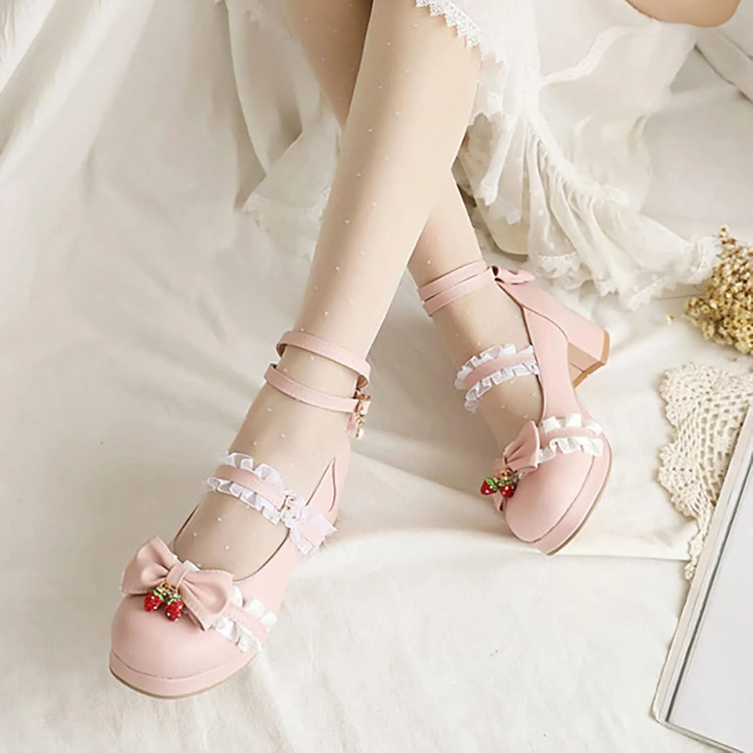 Girls High Heels Lolita Shoes Leather Closed Toe Kids Buckle Sandals Tulle Ruffle Ankle Straps Wedding Prom