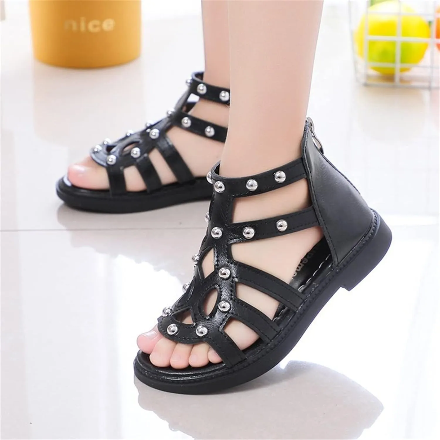 Girls Sandal Summer High Top Dress Shoes Non Slip Open Toe Beach Sandal Toddler Leather Zipper Back Pumps