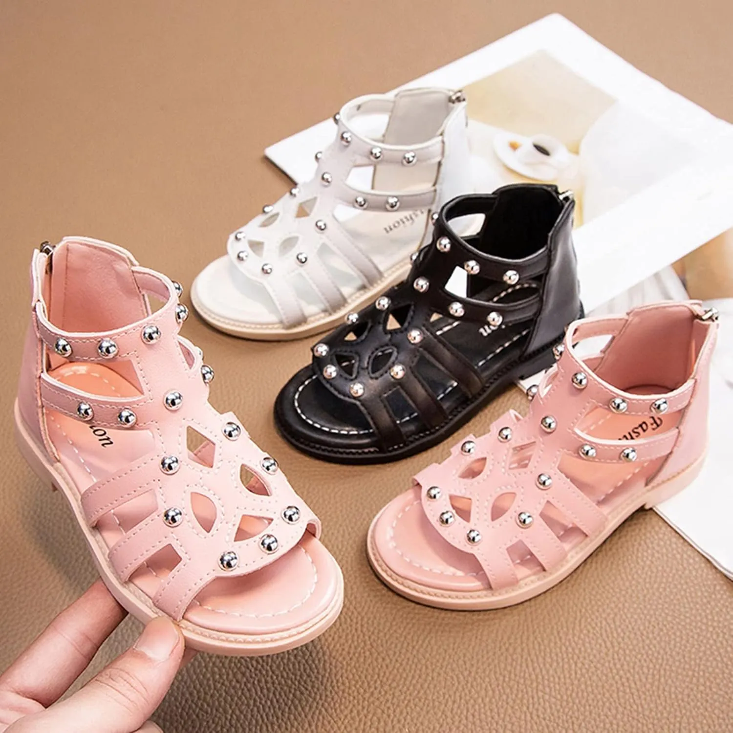 Girls Sandal Summer High Top Dress Shoes Non Slip Open Toe Beach Sandal Toddler Leather Zipper Back Pumps