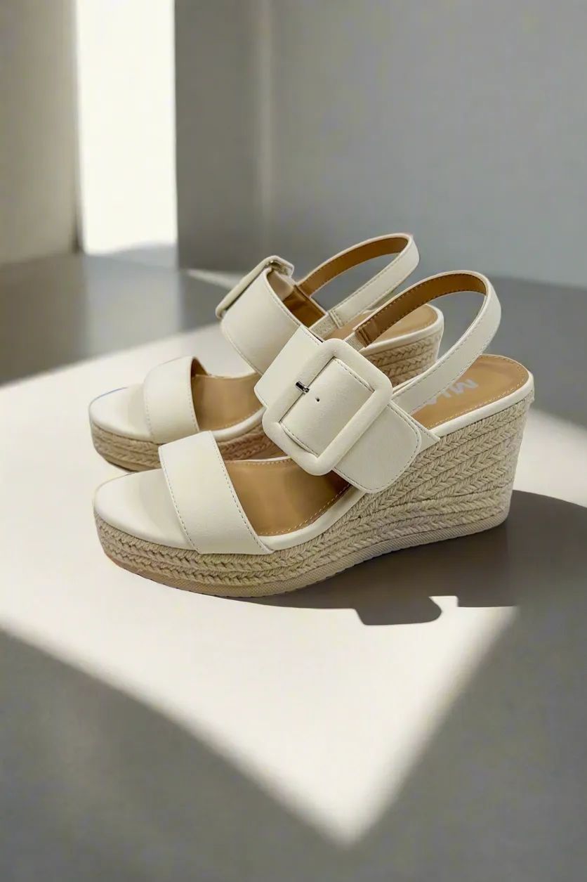 Ivory Double Strap Buckle Espadrille Wedge