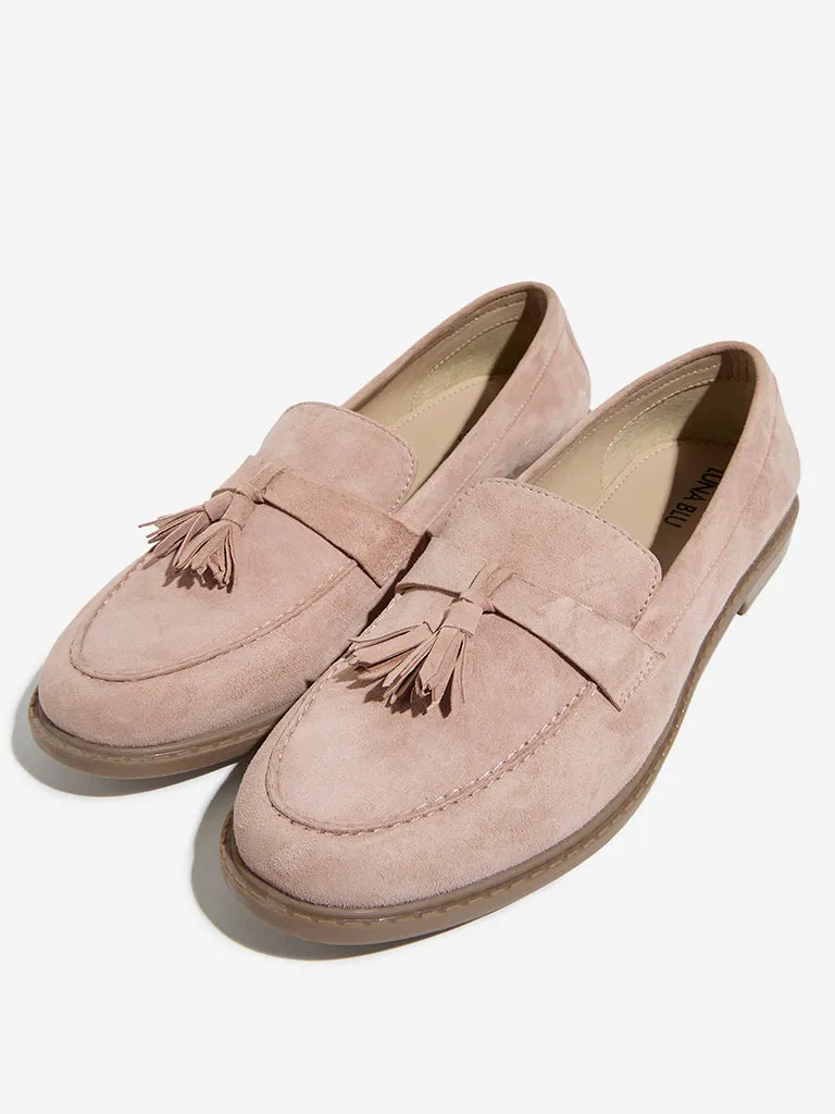 LUNA BLU Blush Pink Faux-Suede Tassel-Design Loafers