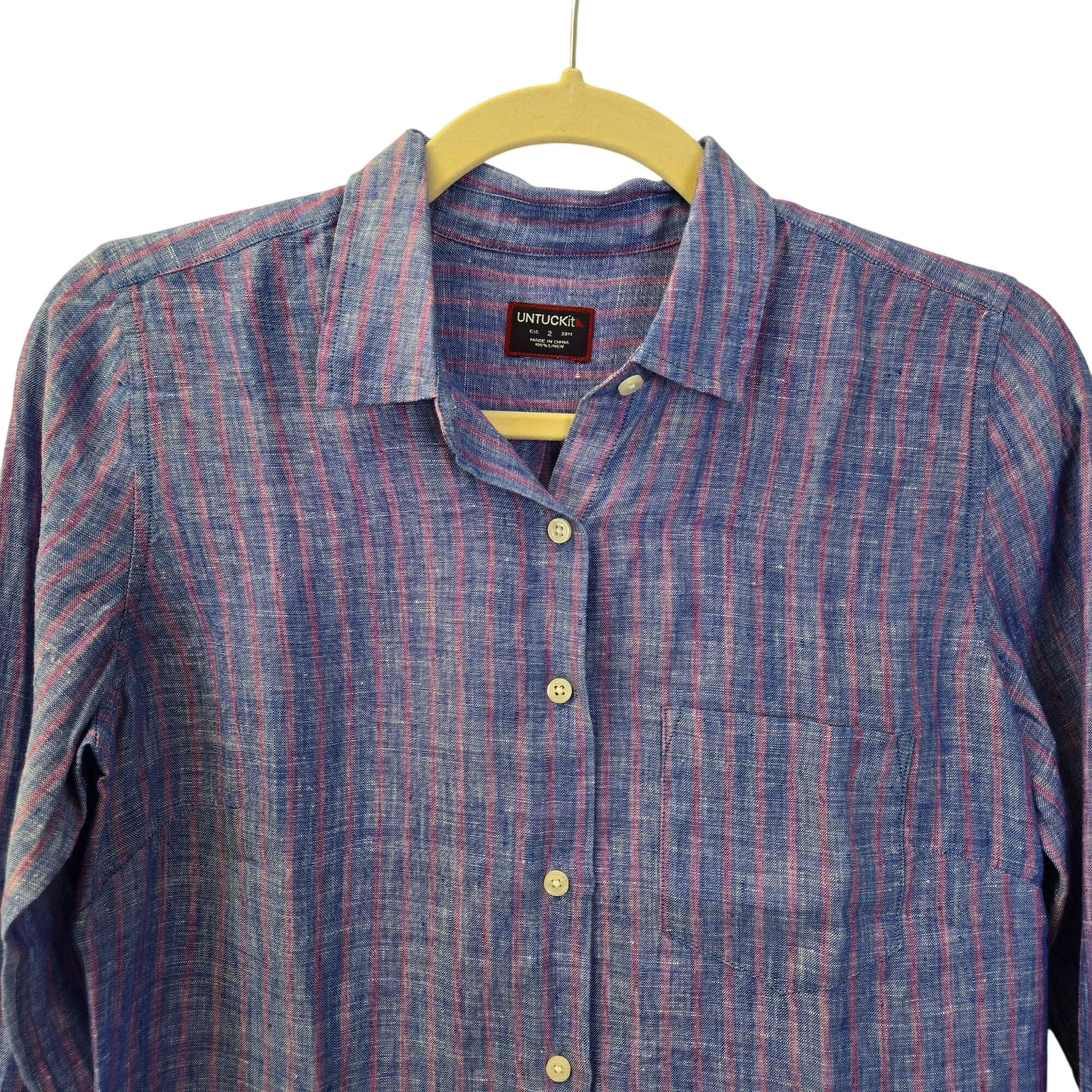 NWT UNTUCKit 100% Linen Zell Striped Long Sleeve Button Down Shirt Size 2