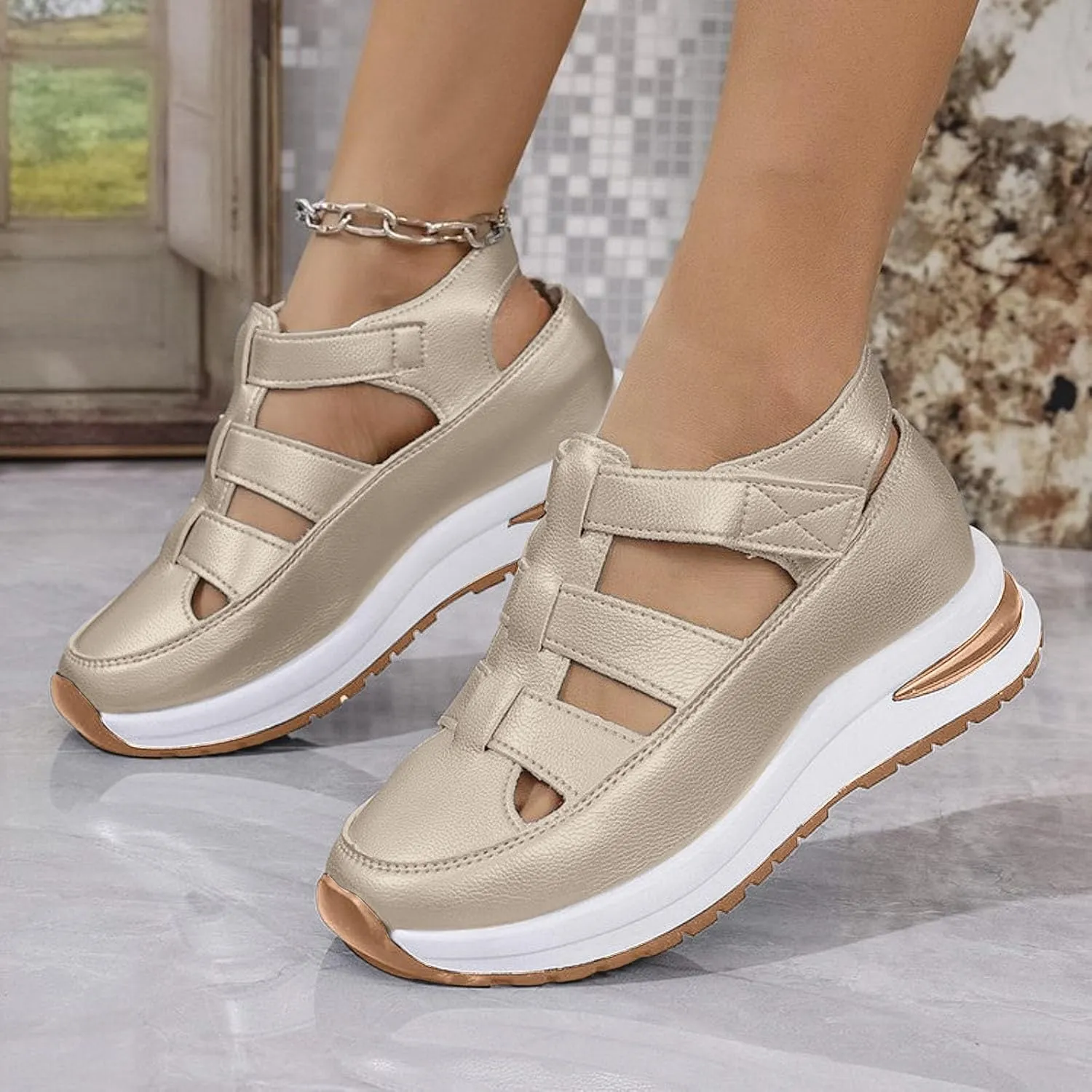Platform Wedges Sandals for Women Summer,Women Closed Toe Comfortable Walking Sports Sandals Hollow Ankle Strap Wedges Design for Beach Hiking Shoes Casual Wear 2025