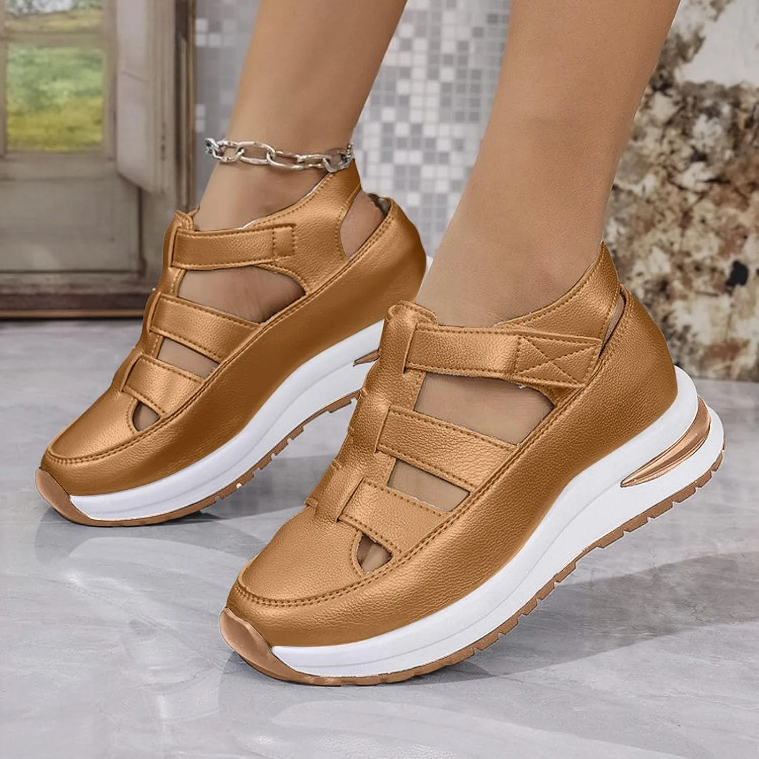 Platform Wedges Sandals for Women Summer,Women Closed Toe Comfortable Walking Sports Sandals Hollow Ankle Strap Wedges Design for Beach Hiking Shoes Casual Wear 2025