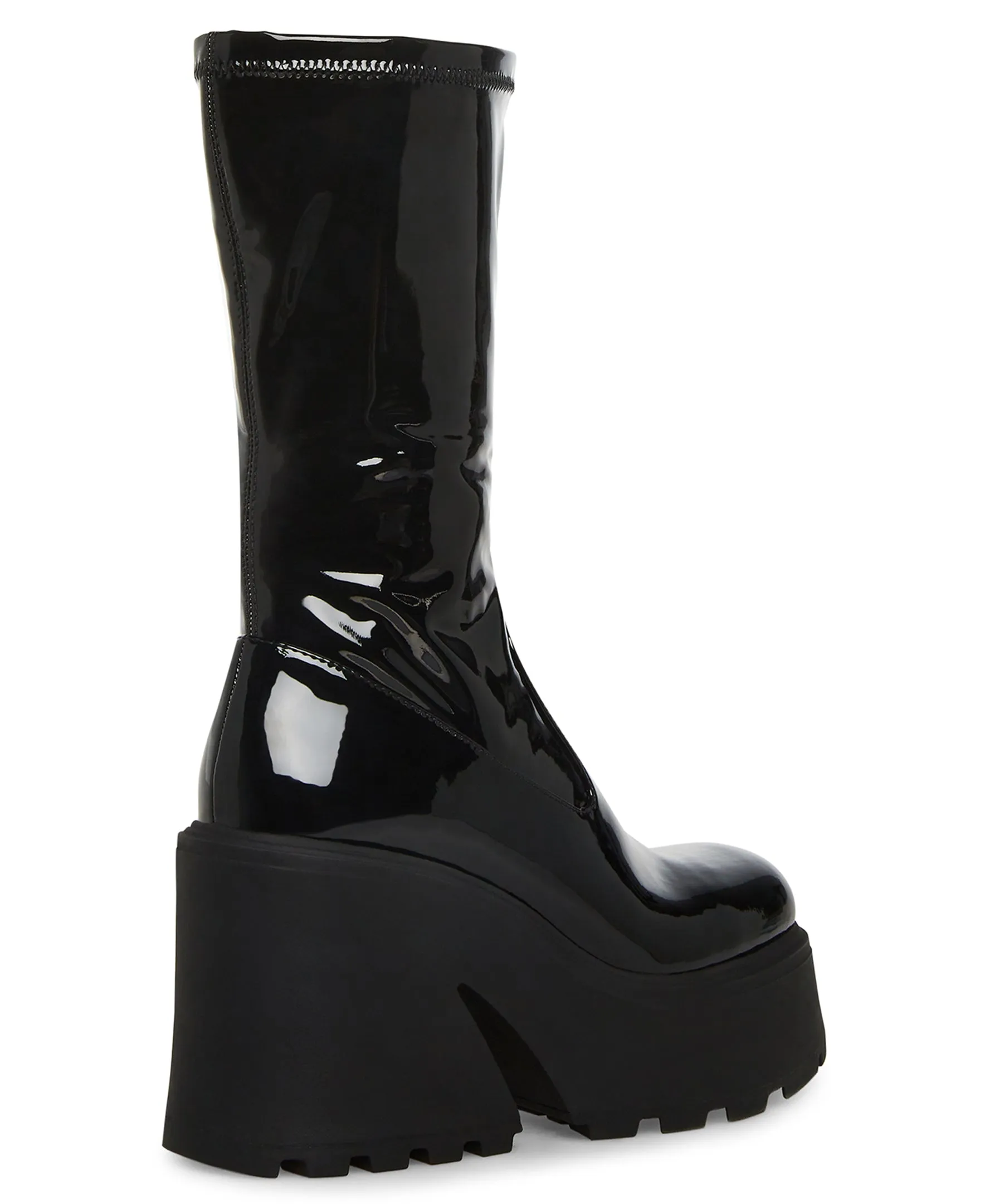 Steve Madden Arrow Black Leather Rounded Toe Chunky Heeled Platform Fashion Boot