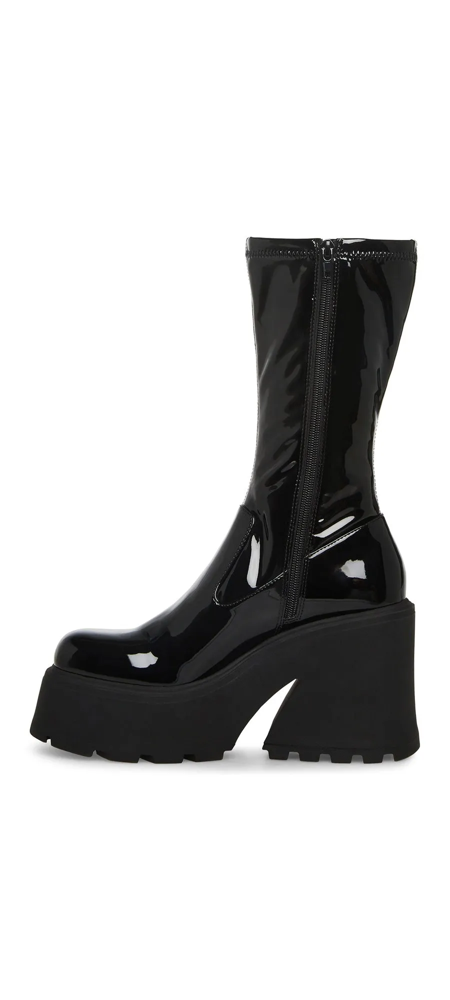 Steve Madden Arrow Black Leather Rounded Toe Chunky Heeled Platform Fashion Boot