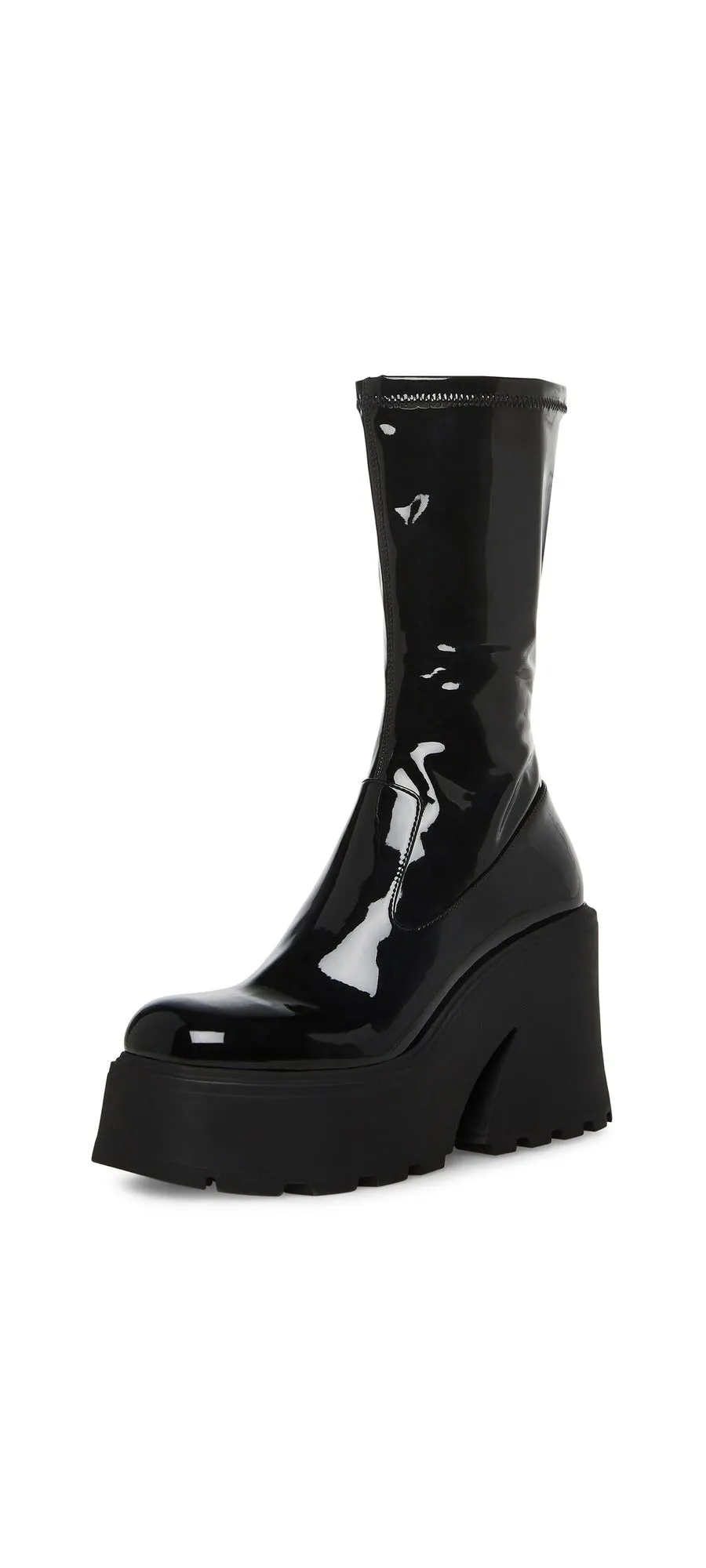 Steve Madden Arrow Black Leather Rounded Toe Chunky Heeled Platform Fashion Boot
