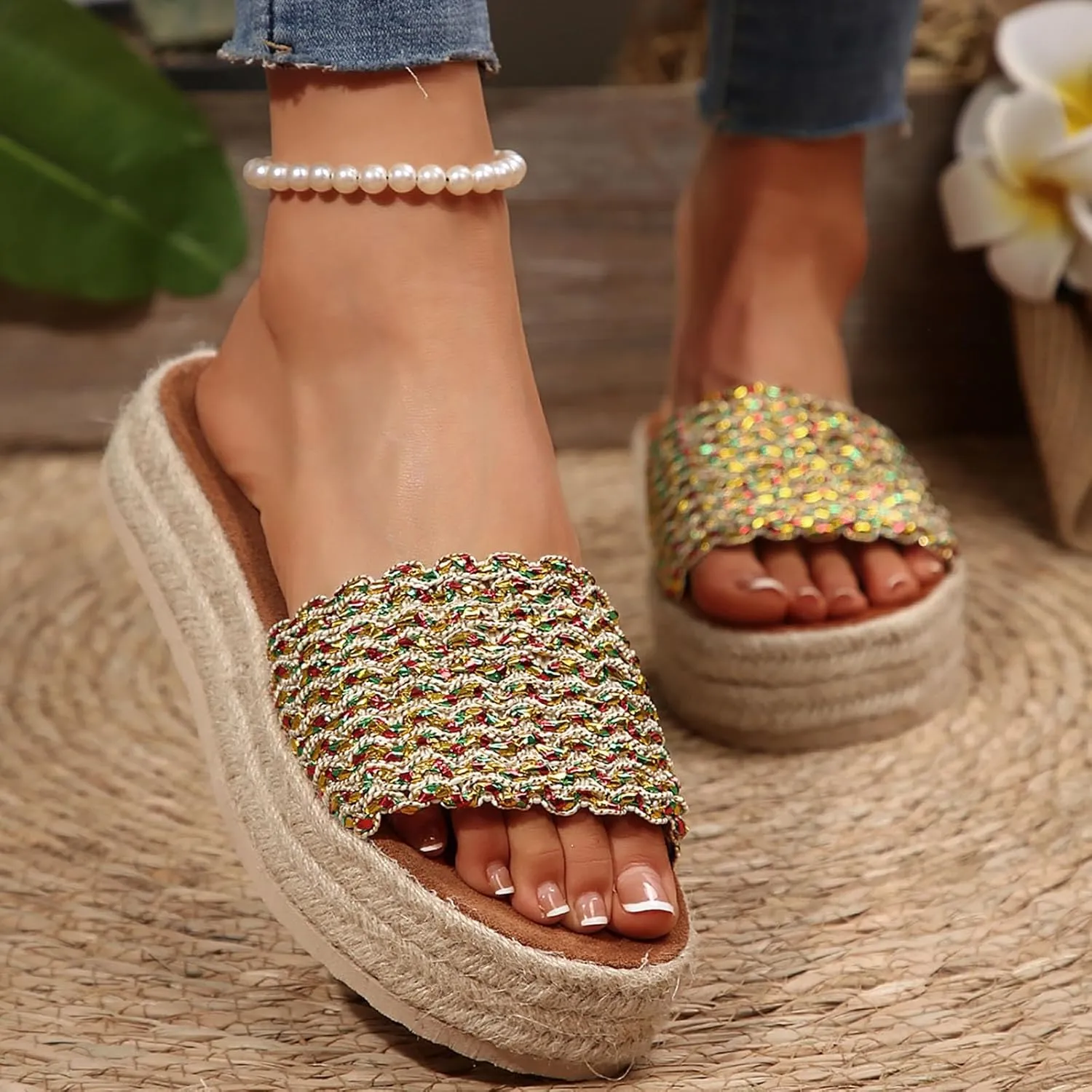 Summer Sandals for Women 2025 Trendy New Womens Platform Sandals Comfortable Slip On Shoes Dressy Wedge Sandals Casual Espadrilles Slip On Slippers Boho Beach Slides Shoes for Vacation Party