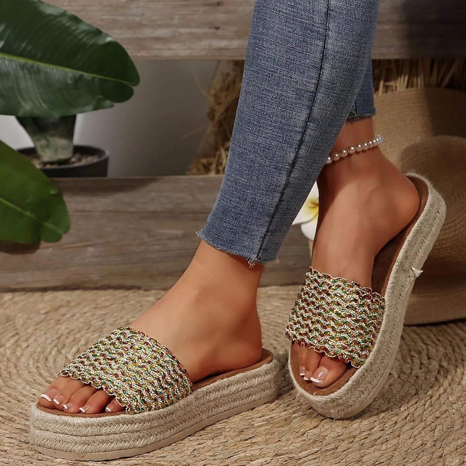 Summer Sandals for Women 2025 Trendy New Womens Platform Sandals Comfortable Slip On Shoes Dressy Wedge Sandals Casual Espadrilles Slip On Slippers Boho Beach Slides Shoes for Vacation Party