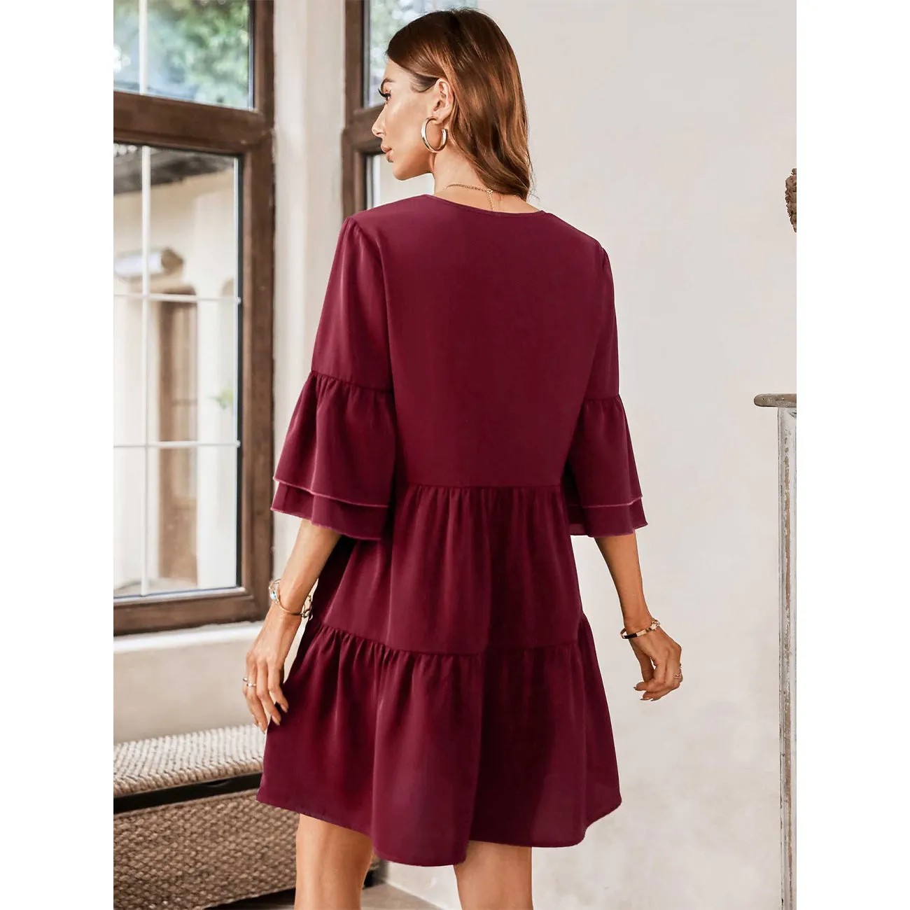 V-Neck Three-Quarter Flounce Sleeve Tiered Dress