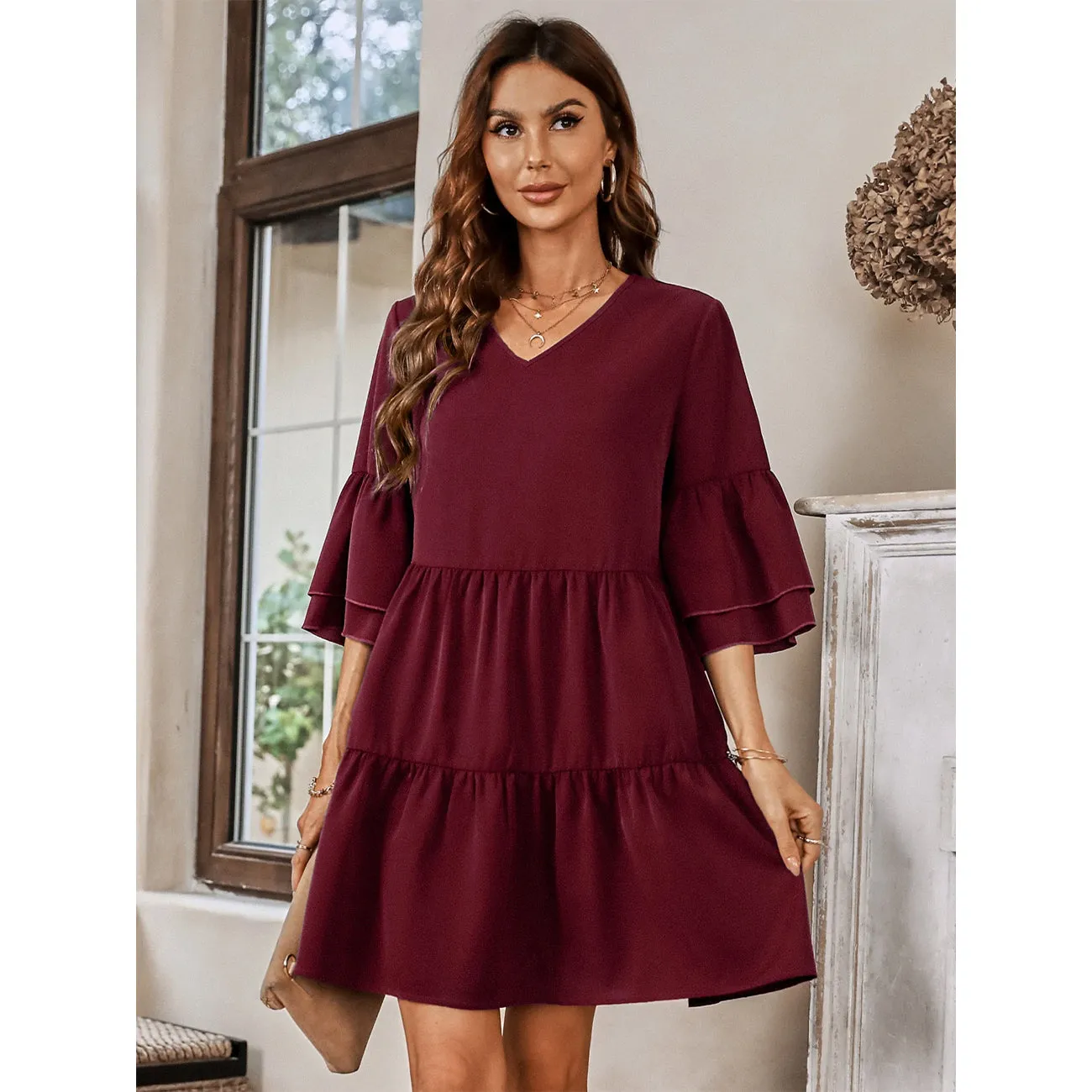 V-Neck Three-Quarter Flounce Sleeve Tiered Dress
