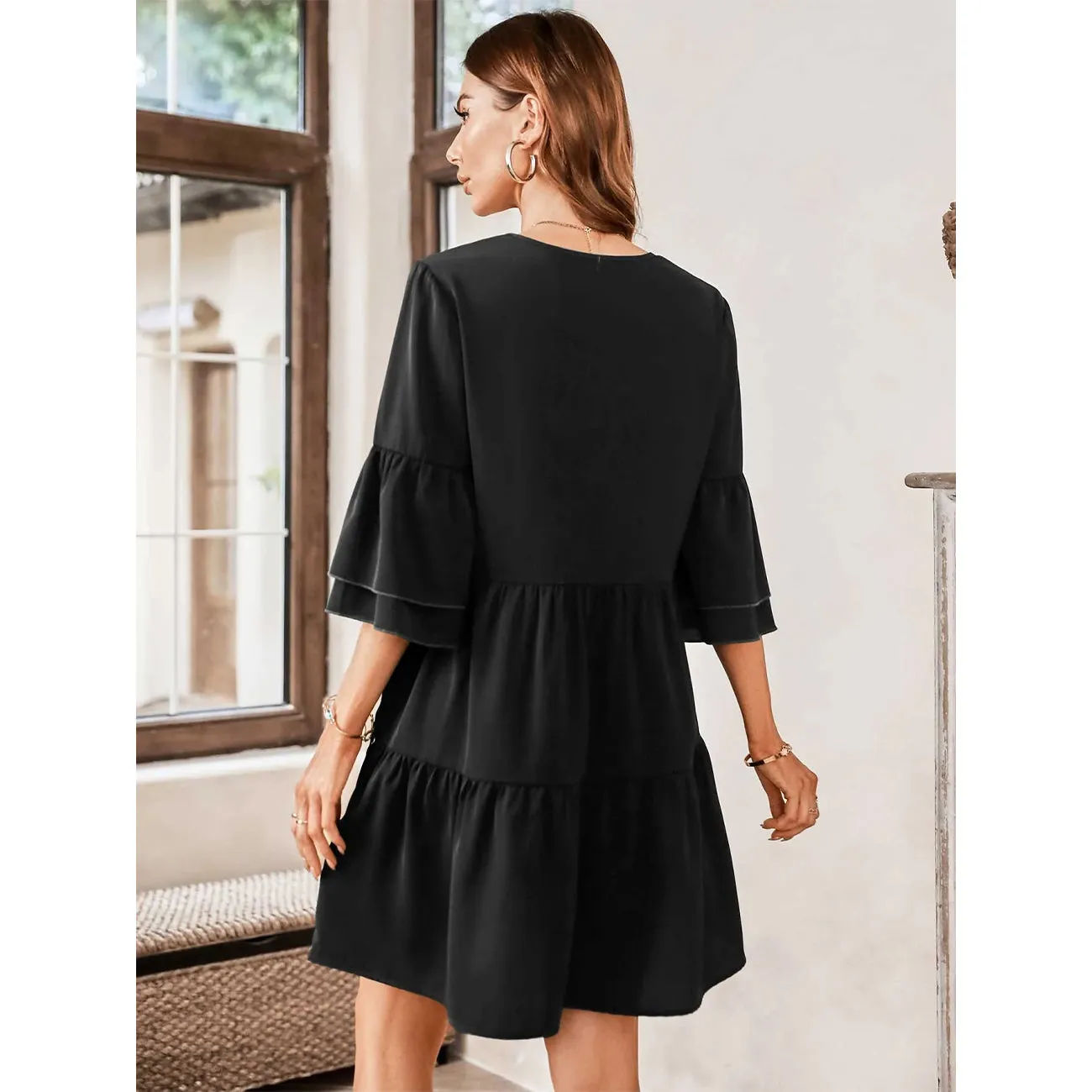 V-Neck Three-Quarter Flounce Sleeve Tiered Dress