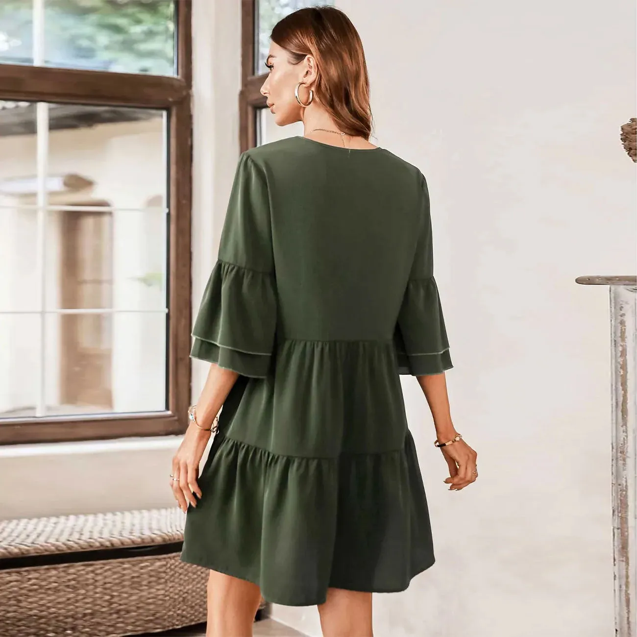 V-Neck Three-Quarter Flounce Sleeve Tiered Dress