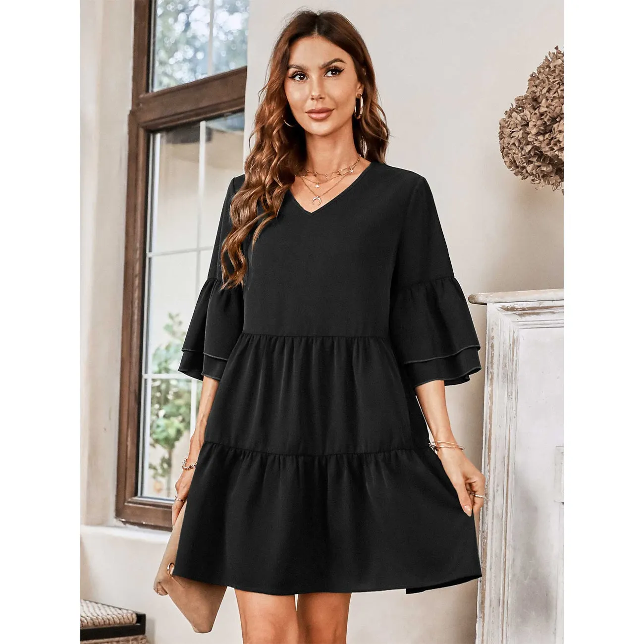 V-Neck Three-Quarter Flounce Sleeve Tiered Dress