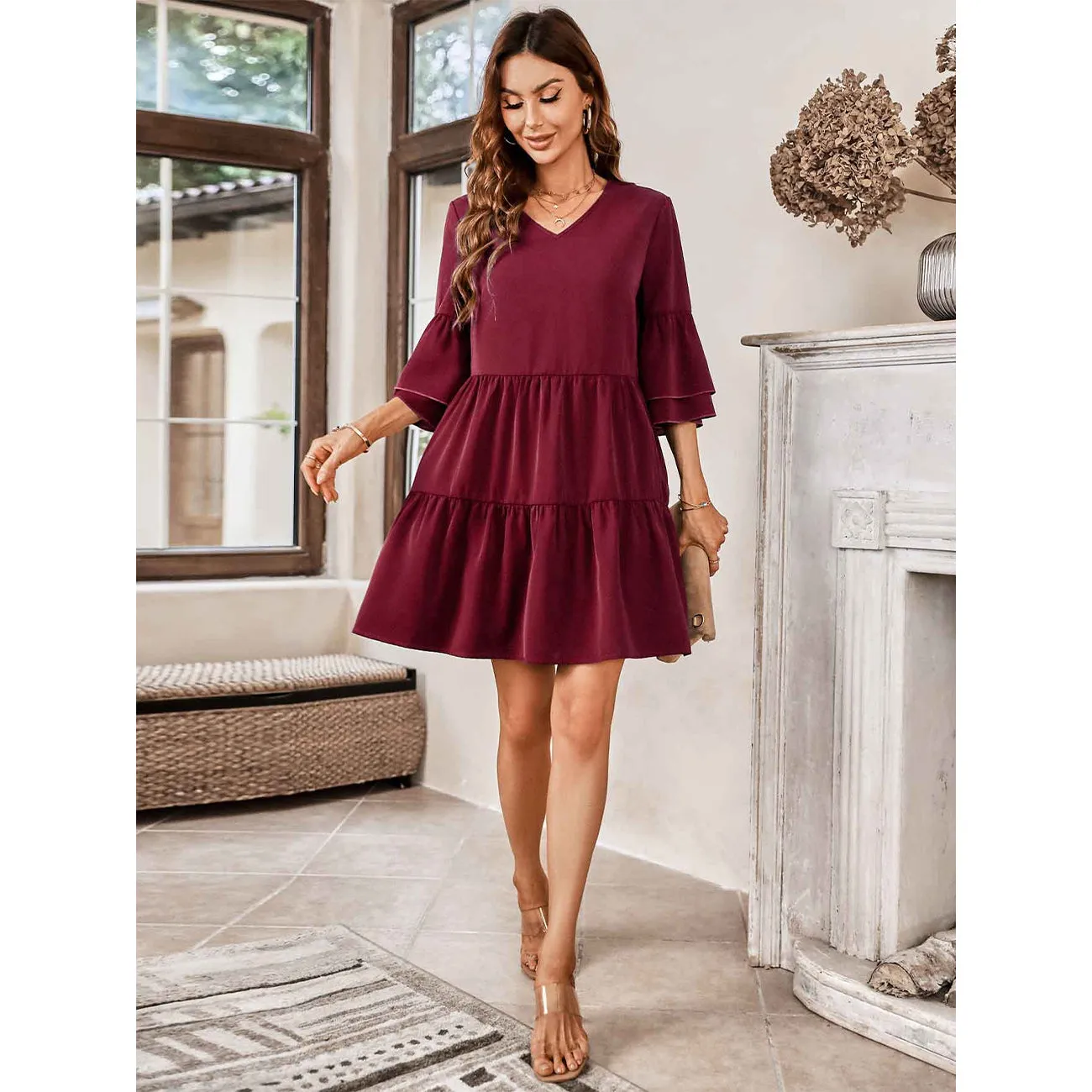 V-Neck Three-Quarter Flounce Sleeve Tiered Dress