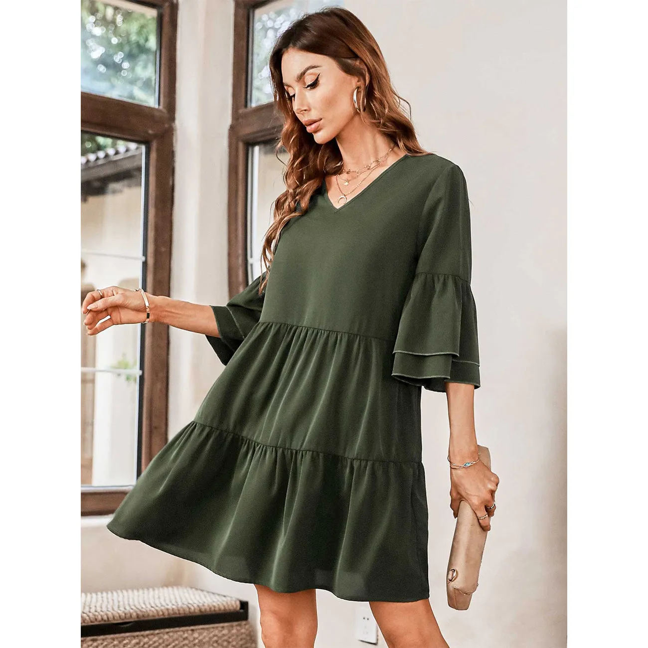 V-Neck Three-Quarter Flounce Sleeve Tiered Dress