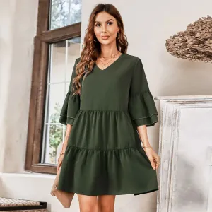 V-Neck Three-Quarter Flounce Sleeve Tiered Dress