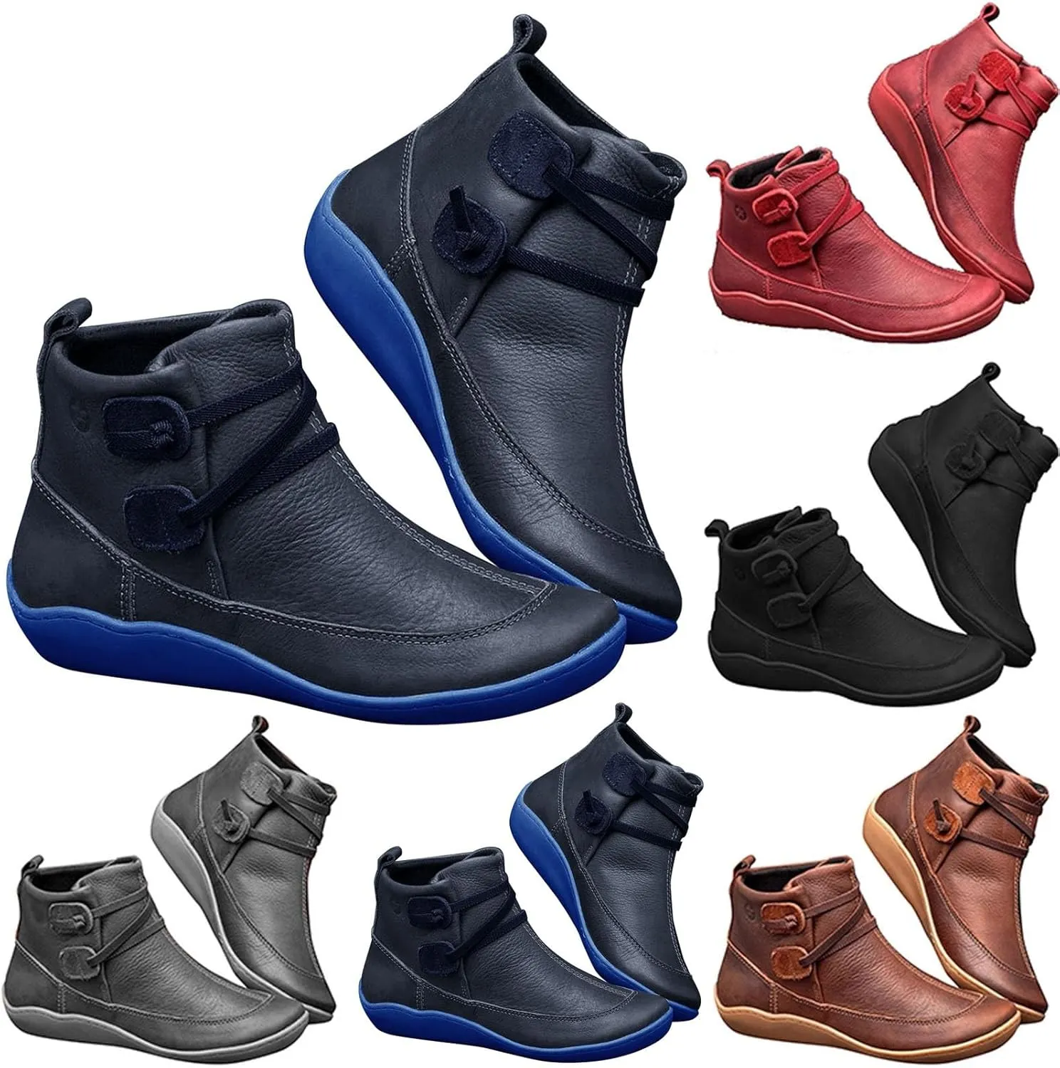 Winter Boots for Women Ankle Brown Leather Booties Women's Flat Ankle Boots Womens Black Boot Fashion Round Toe Low Heel Comfortable Pointed Toe