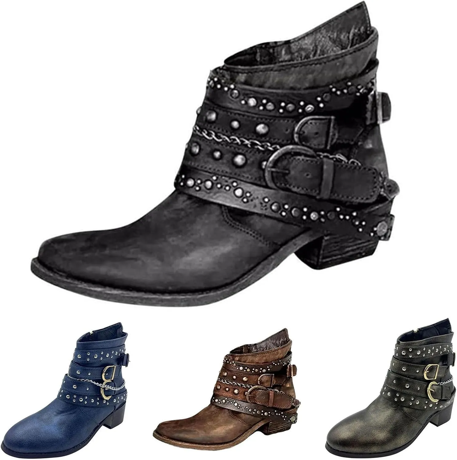 Winter Boots for Women Ankle Brown Leather Booties Women's Flat Ankle Boots Womens Black Boot Fashion Round Toe Low Heel Comfortable Pointed Toe