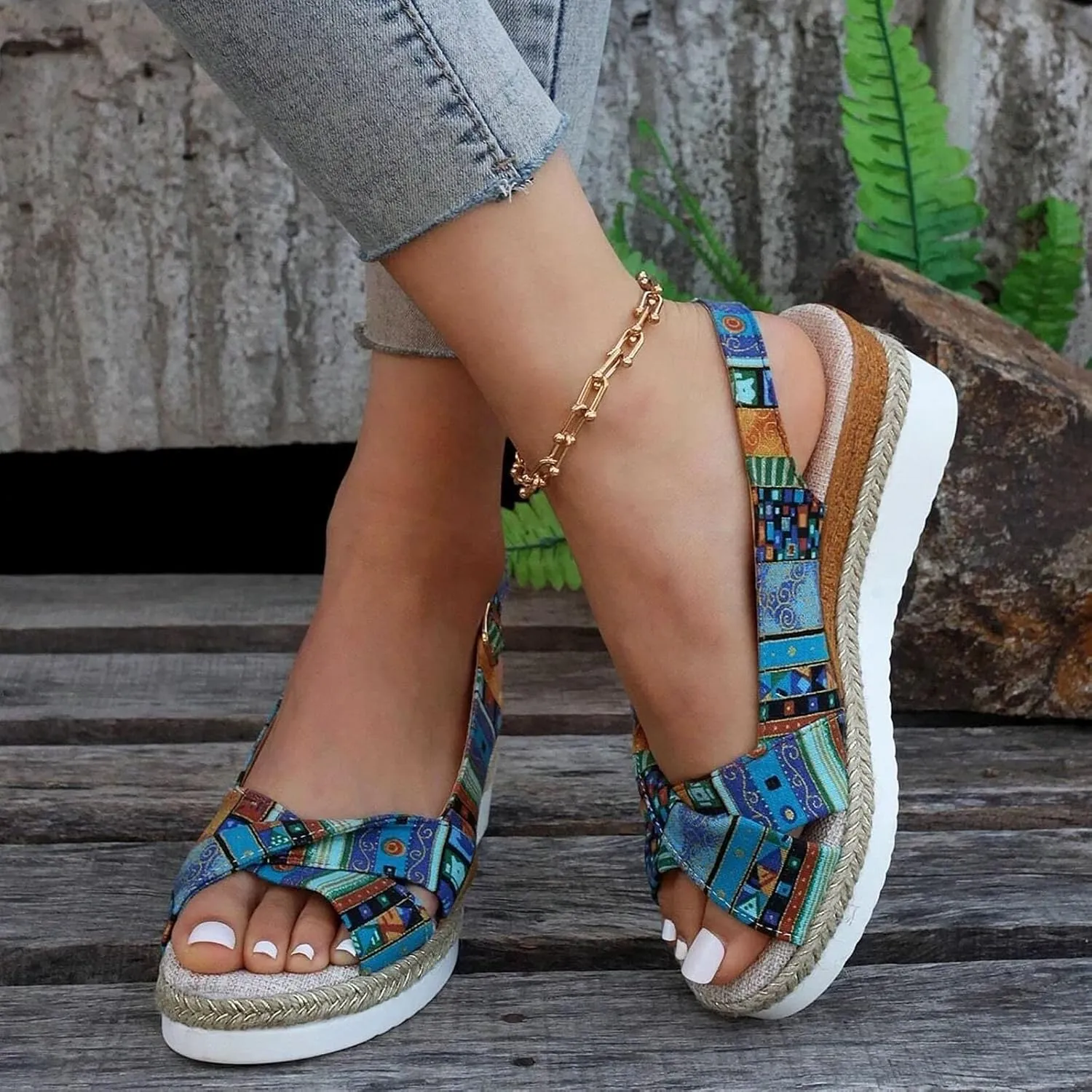 Women Geometric Pattern Slingback Sandals Vacation Canvas Wedge Bohemian Shoes Water Sandals Women