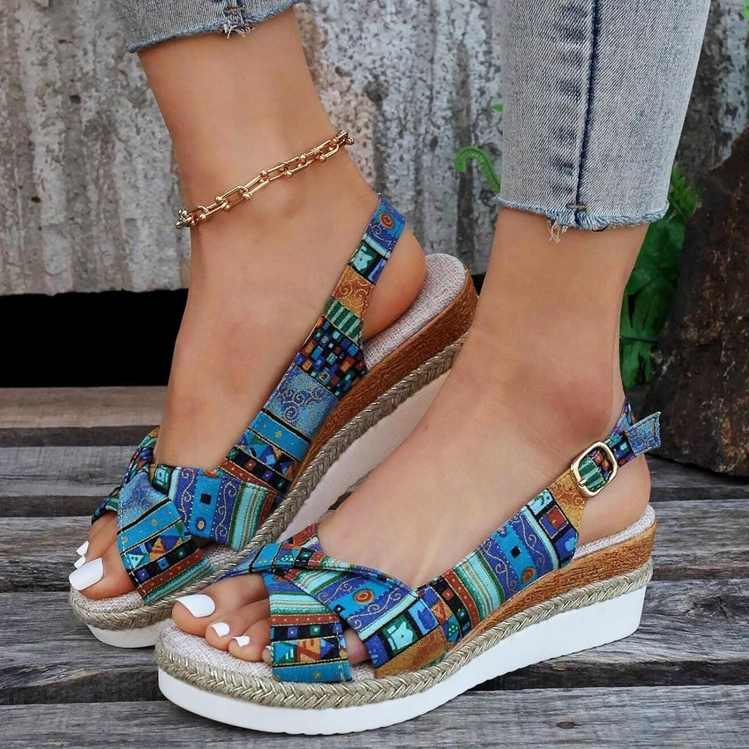 Women Geometric Pattern Slingback Sandals Vacation Canvas Wedge Bohemian Shoes Water Sandals Women