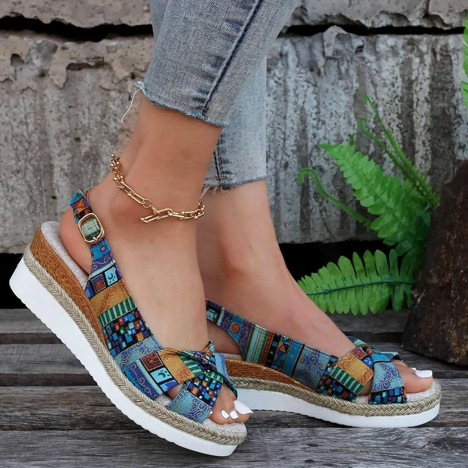 Women Geometric Pattern Slingback Sandals Vacation Canvas Wedge Bohemian Shoes Water Sandals Women