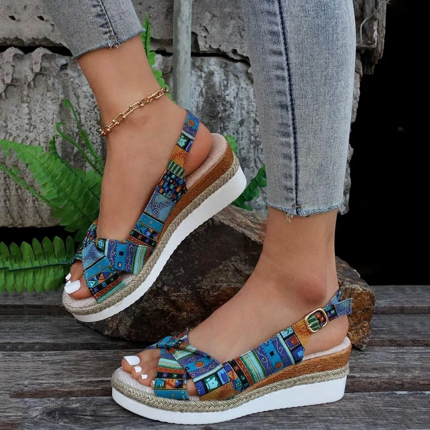 Women Geometric Pattern Slingback Sandals Vacation Canvas Wedge Bohemian Shoes Water Sandals Women