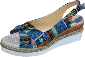 Women Geometric Pattern Slingback Sandals Vacation Canvas Wedge Bohemian Shoes Water Sandals Women