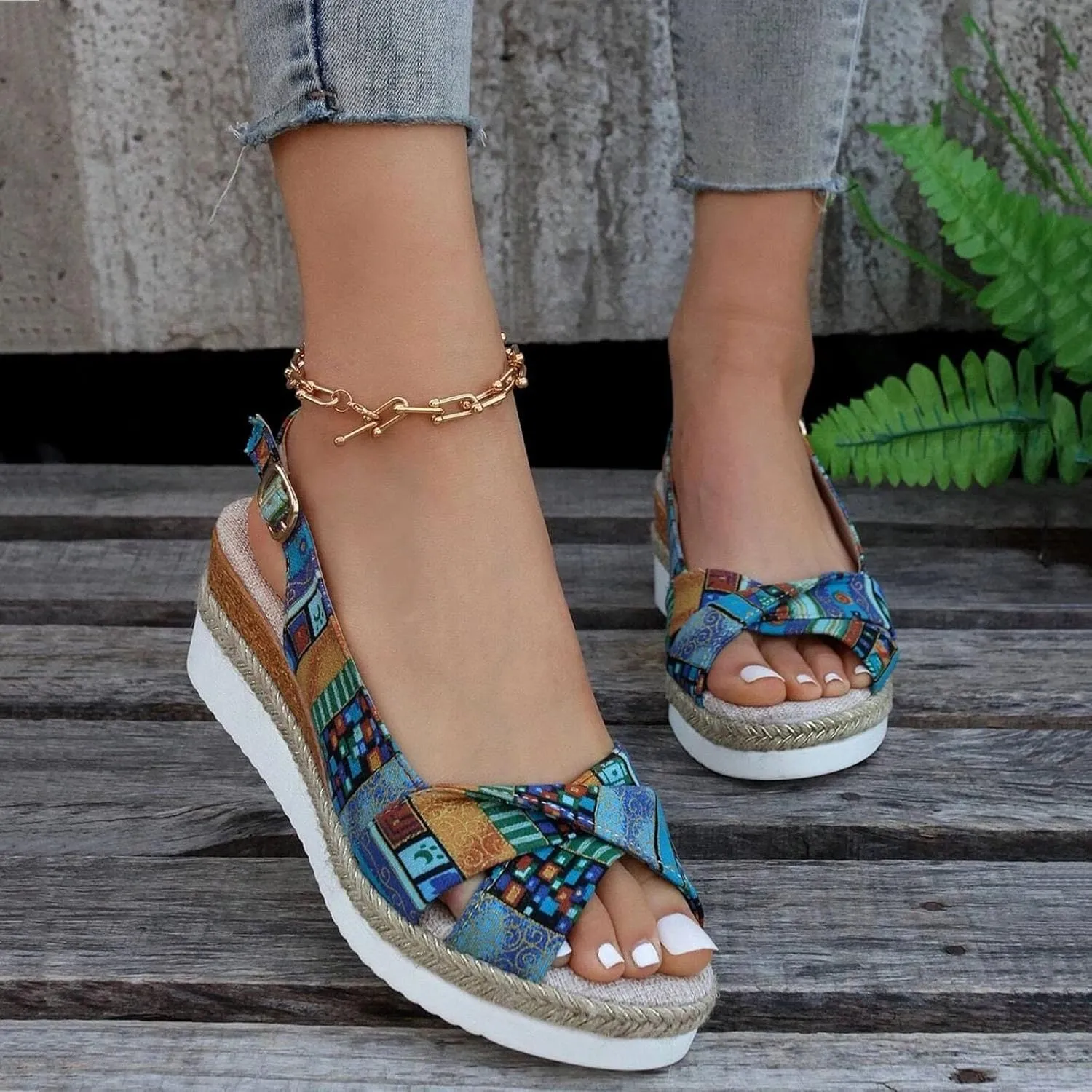 Women Geometric Pattern Slingback Sandals Vacation Canvas Wedge Bohemian Shoes Water Sandals Women