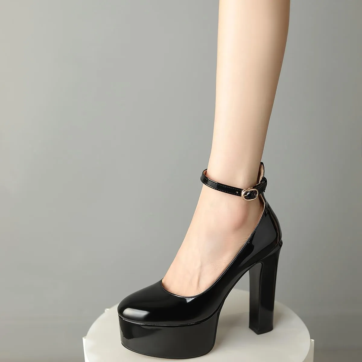 Womens Ankle Strap Thick Heel Platform Pumps Round Toe Block Heels Prom Pumps Buckles Flatform Dress Shoes