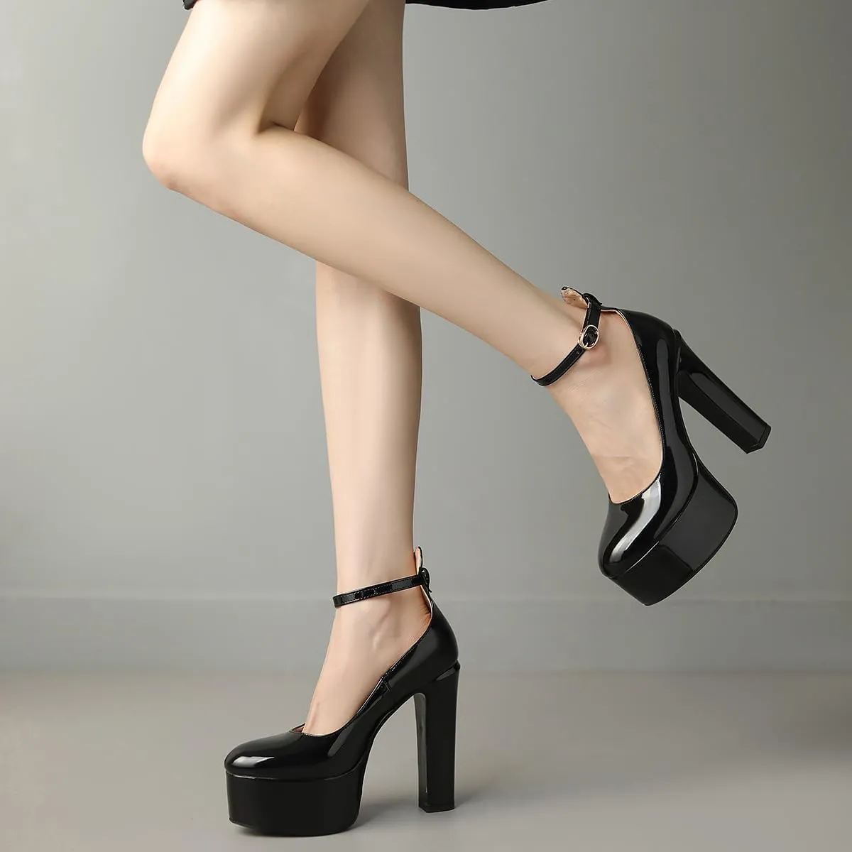Womens Ankle Strap Thick Heel Platform Pumps Round Toe Block Heels Prom Pumps Buckles Flatform Dress Shoes